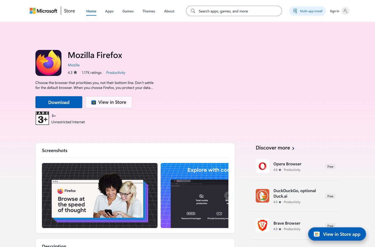 Microsoft Store listing for Firefox with its publisher and price