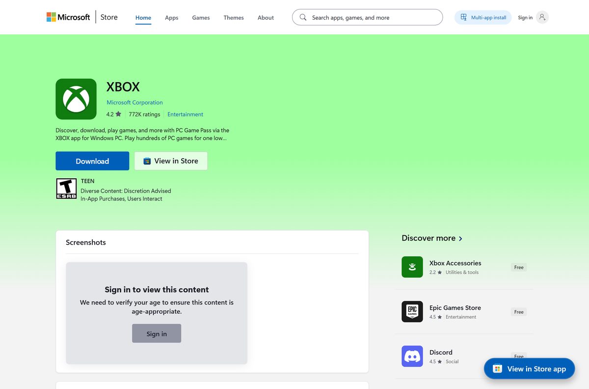 Microsoft Store listing for Xbox showing its publisher and free price
