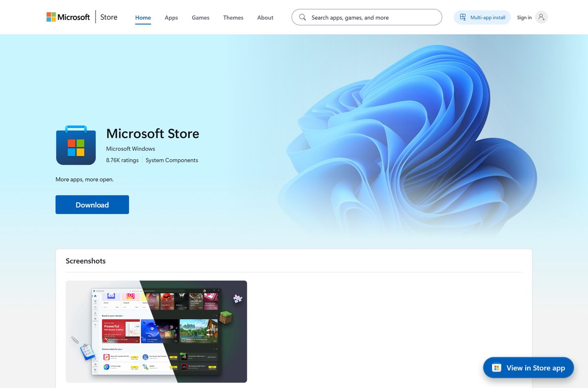 Microsoft Store listing page with the publisher line and product details