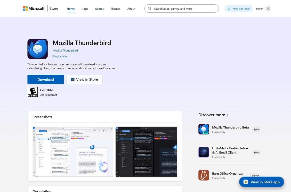 Microsoft Store listing for Thunderbird showing its price and rating