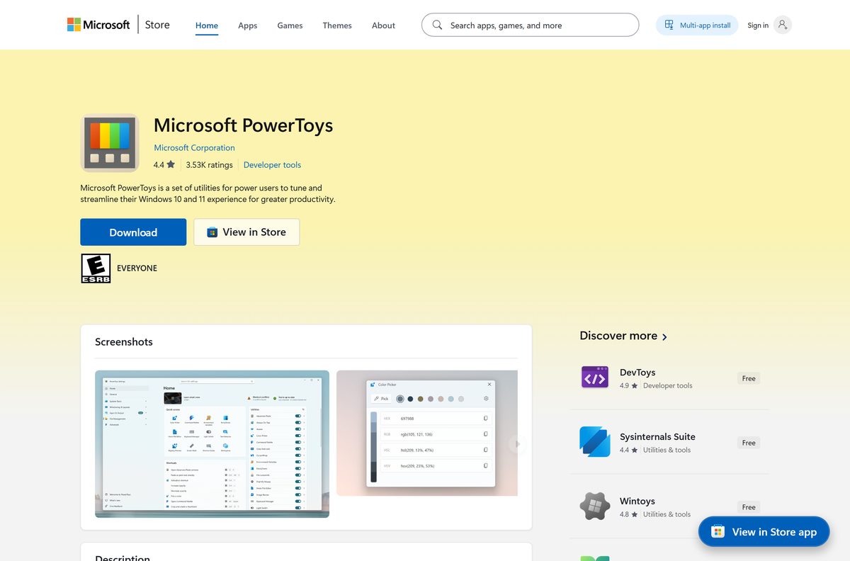 Microsoft Store listing for PowerToys with its price and rating