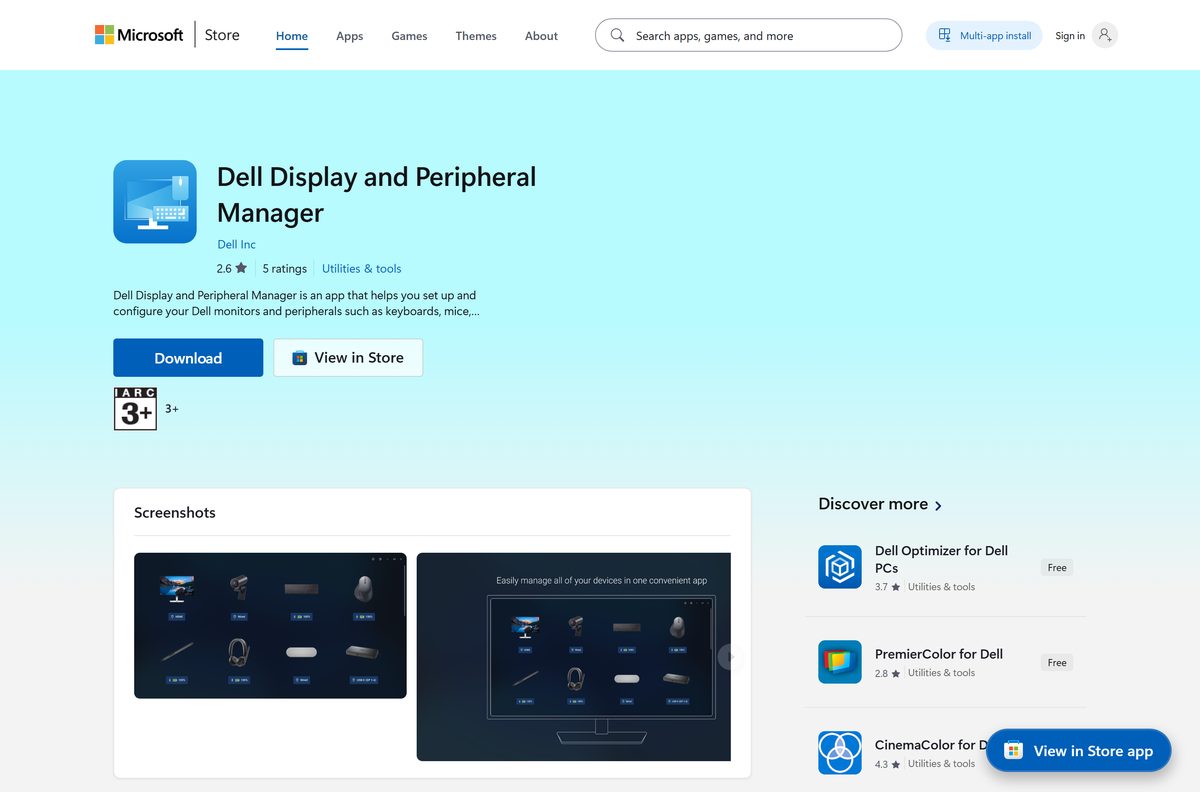 Microsoft Store listing for the Dell display and peripheral app by Dell Inc