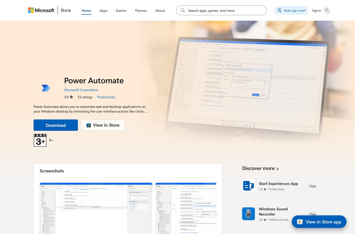 Microsoft Store listing showing the free Productivity app and its publisher