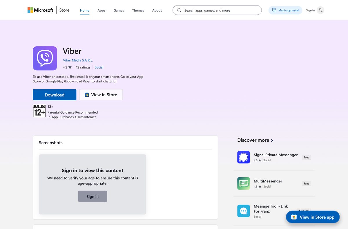 Microsoft Store listing for Viber with its publisher and rating