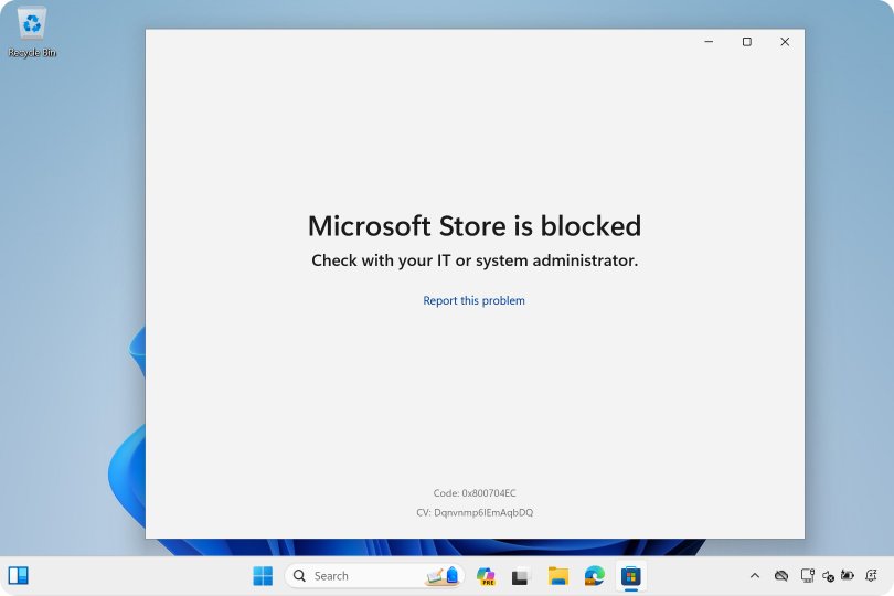 Microsoft Store showing a blocked-access message with an error code