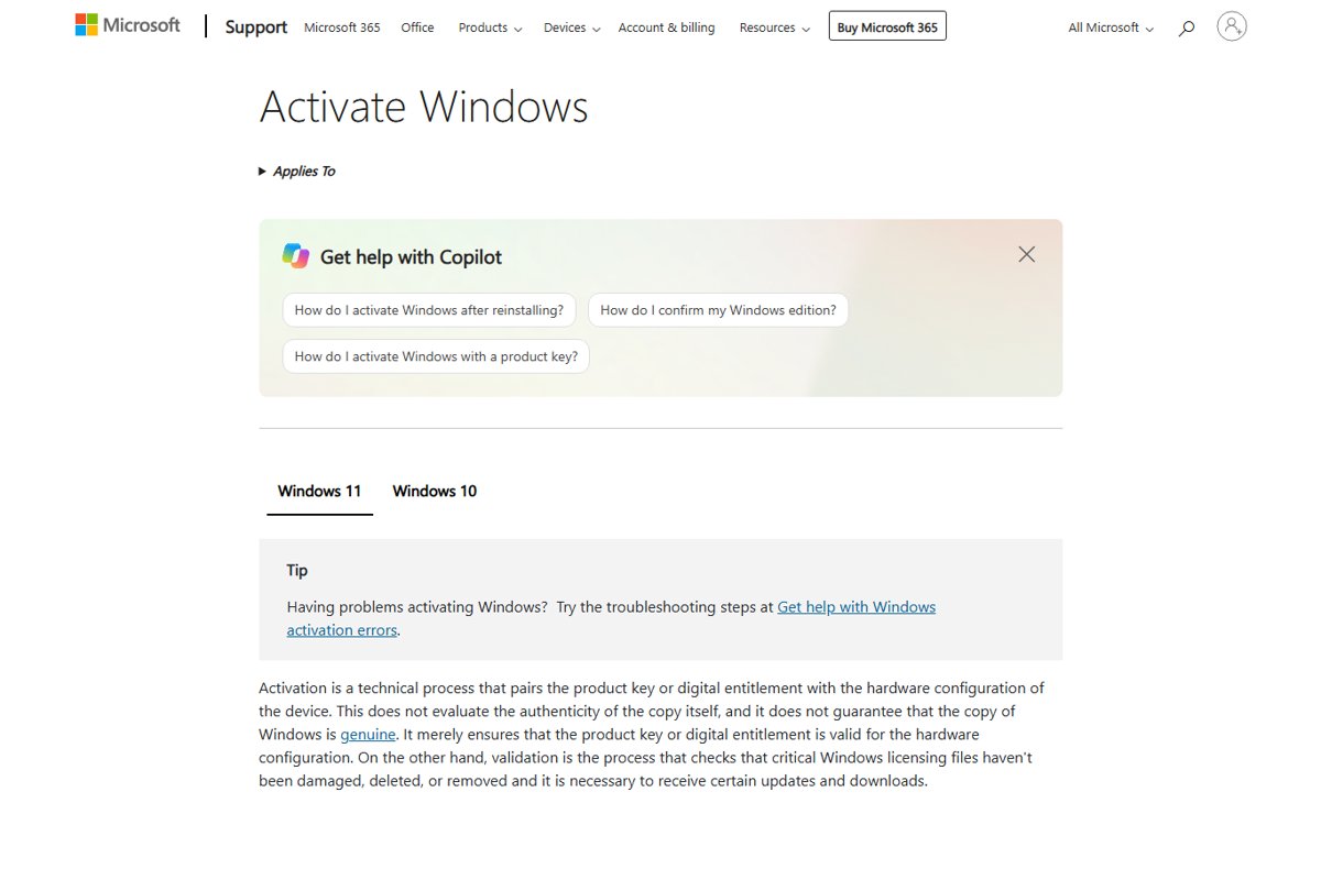 Microsoft Support Activate Windows page with activation explanation on the Windows 11 tab