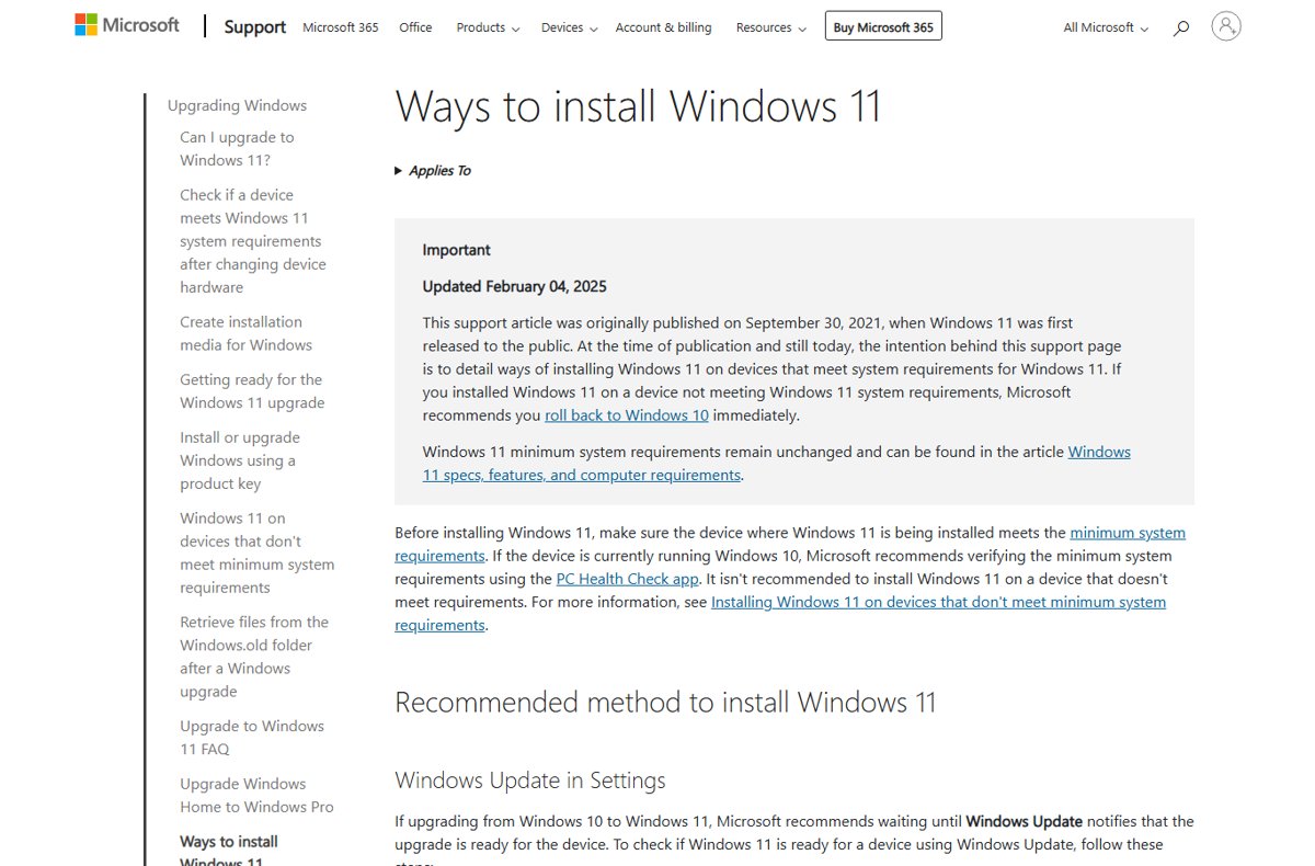Microsoft Support Ways to install Windows 11 page