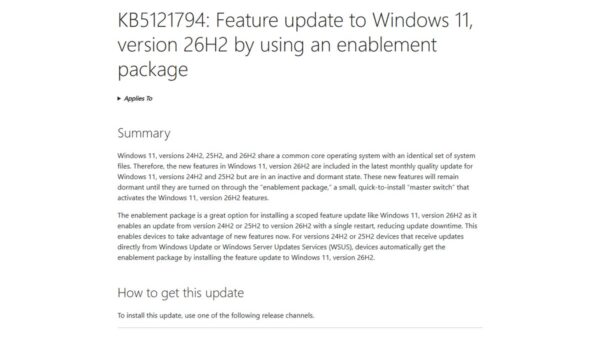 Windows 11 26H2 enablement package (KB5121794) explained