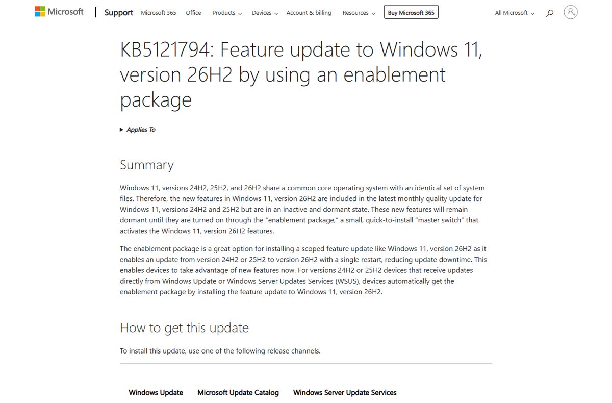 Microsoft Support article on the KB5121794 26H2 enablement package