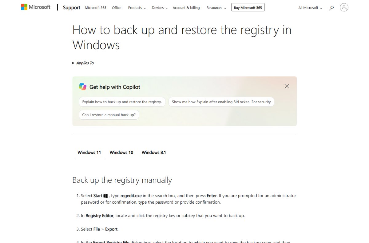 Microsoft Support guide to backing up and restoring the Windows registry
