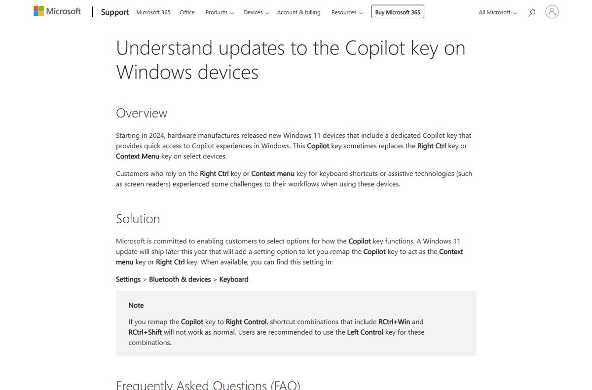 Microsoft Support page explaining updates to the Copilot key on Windows devices