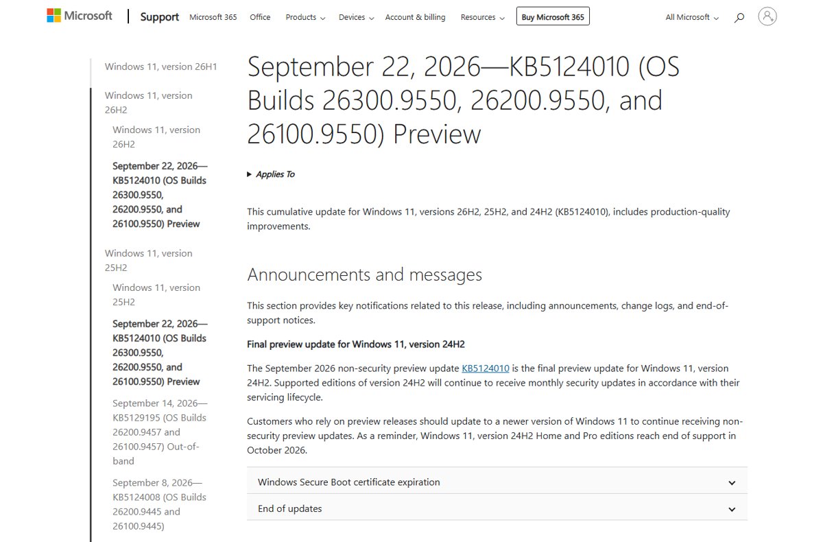 Microsoft Support page for KB5124010 listing builds 26300.9550, 26200.9550 and 26100.9550