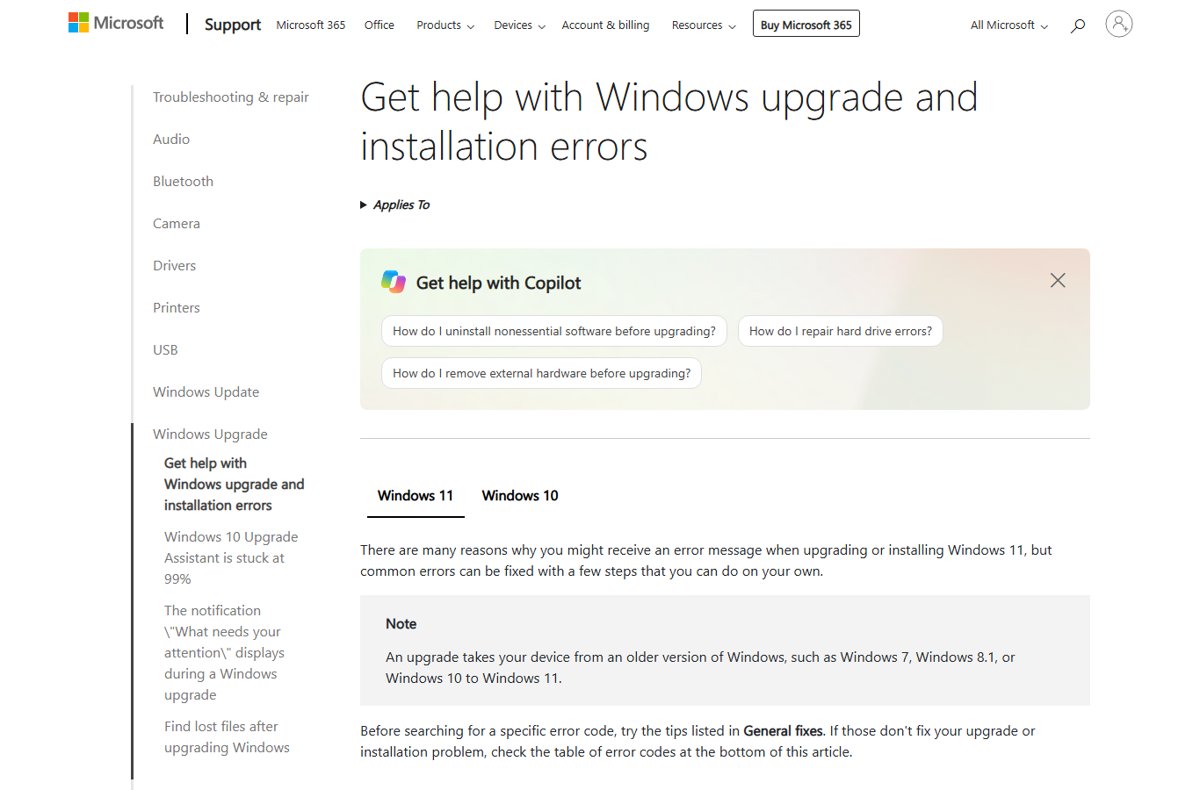 Microsoft Support page for Windows upgrade and installation errors