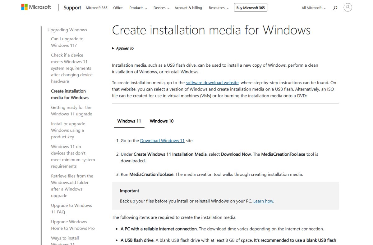Microsoft Support page for creating Windows installation media