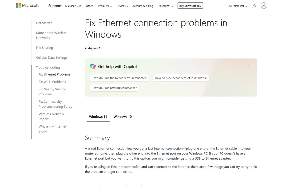 Microsoft Support page for fixing Ethernet connection problems in Windows