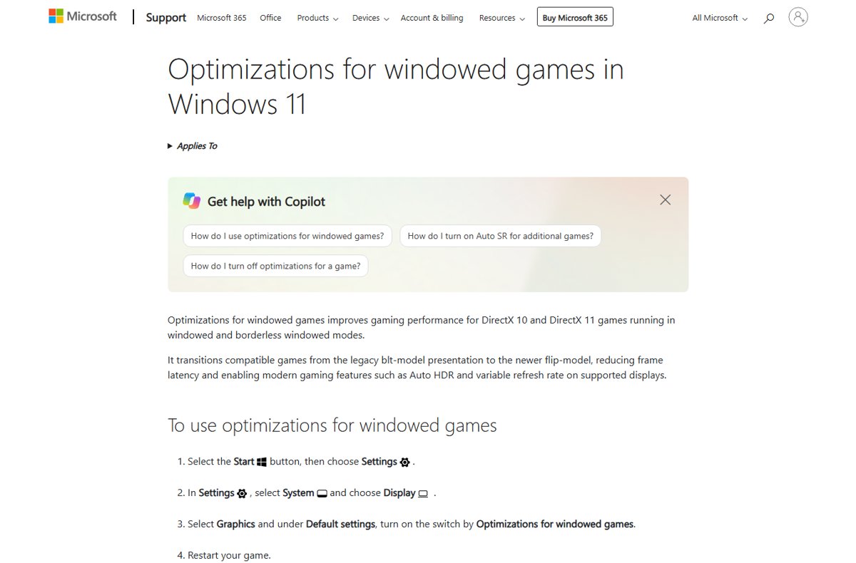 Microsoft Support page for optimizations for windowed games in Windows 11