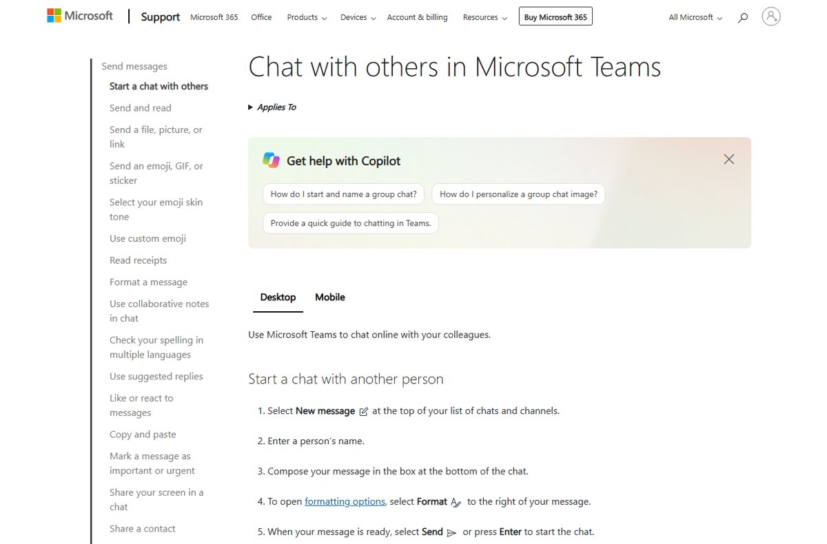 Microsoft Support page showing steps to start a Teams chat