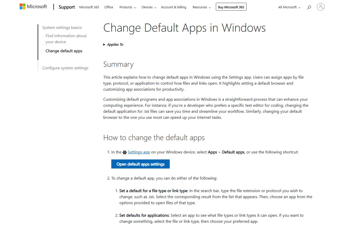 Microsoft Support page titled Change Default Apps in Windows