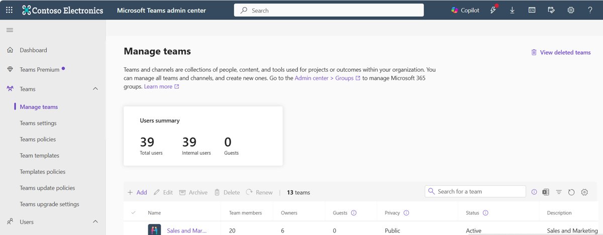 Microsoft Teams admin center Manage teams page with a team list