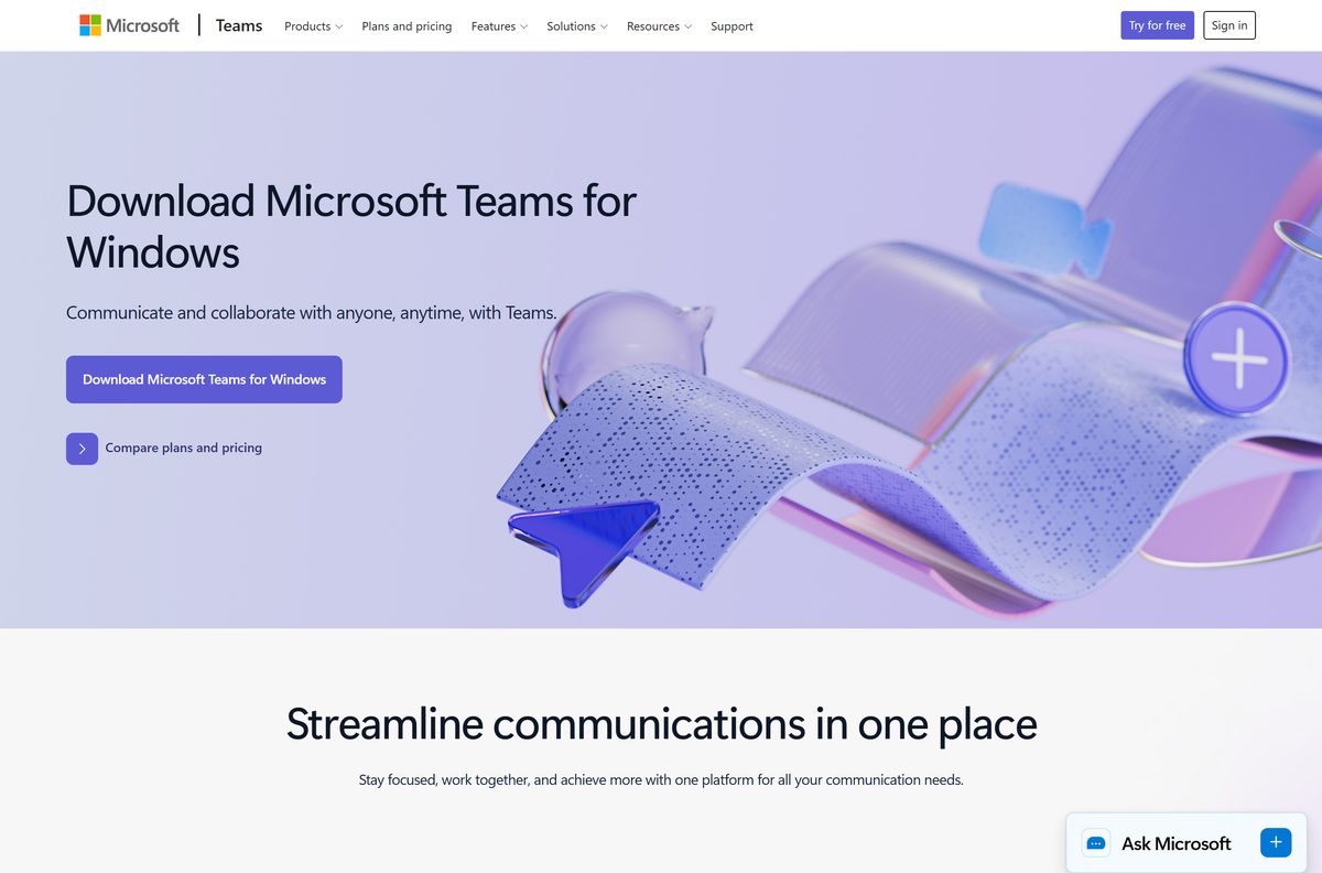 Microsoft download page with the Download Microsoft Teams for Windows button