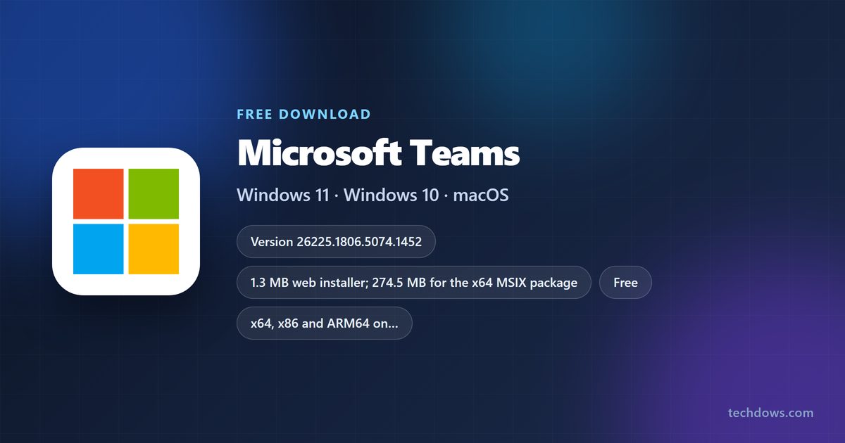 Microsoft Teams logo with version, size and supported systems