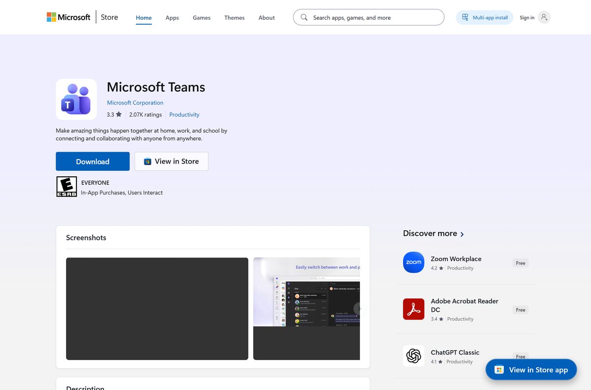 Microsoft Store listing for Teams published by Microsoft Corporation