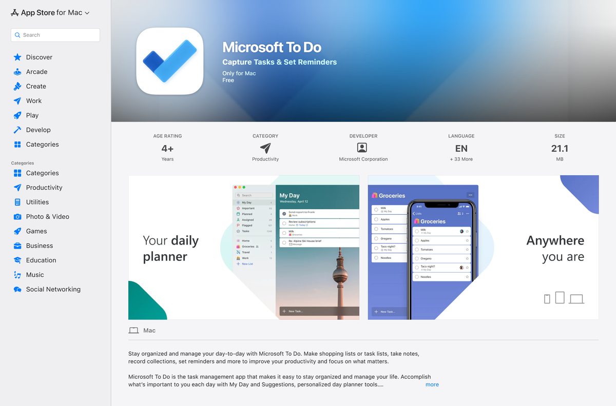 Mac App Store page for the task app showing price and macOS requirement
