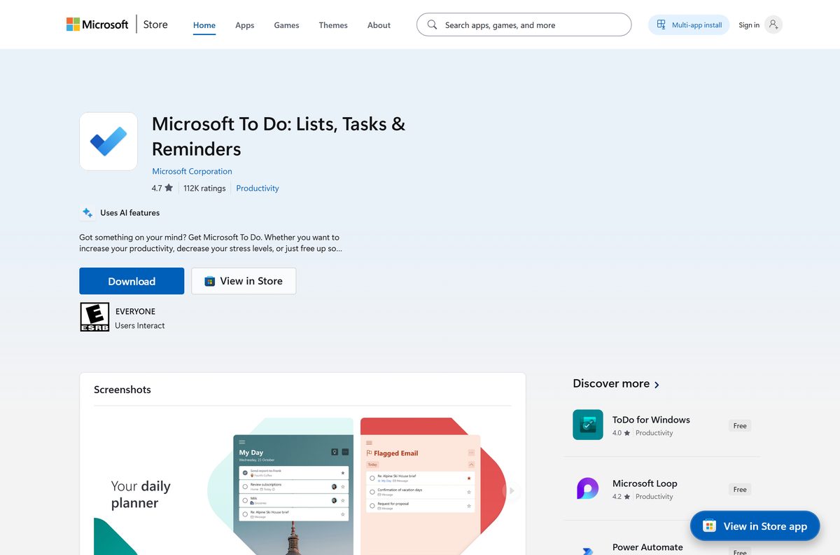 Microsoft Store listing for the task app with its publisher and Get button