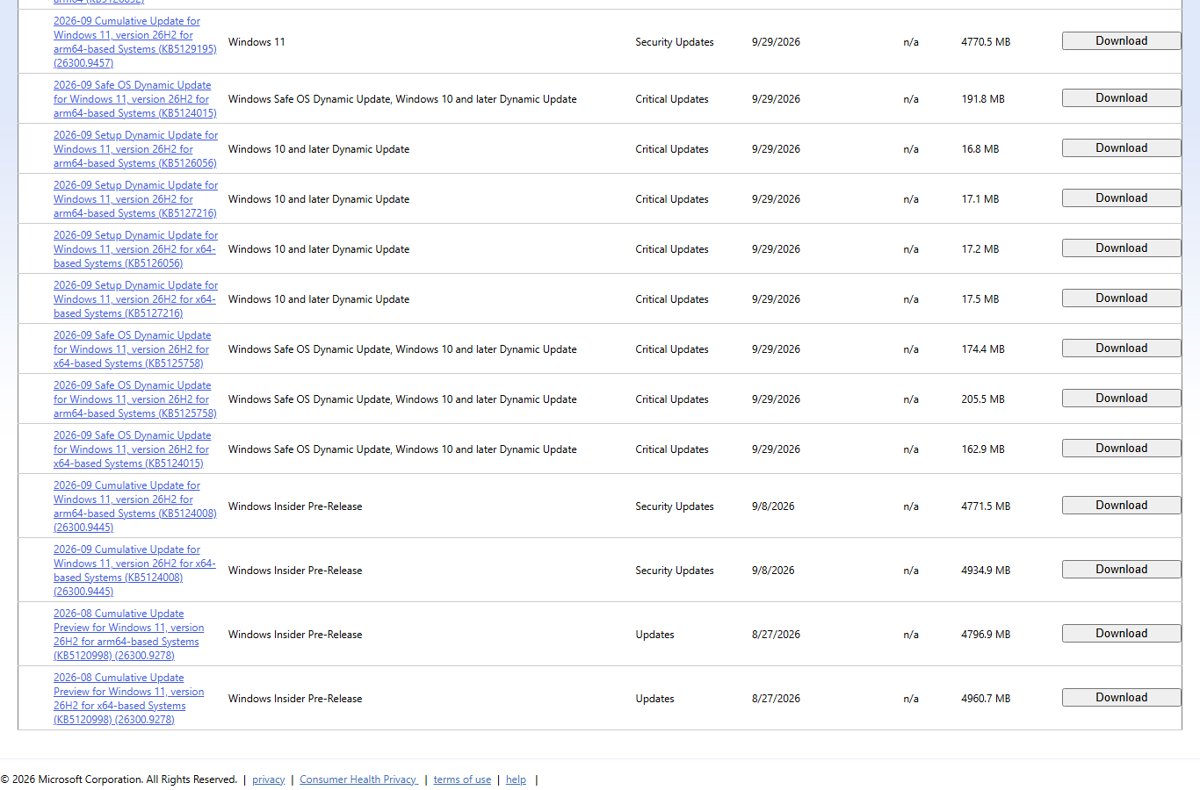 Microsoft Update Catalog list of Windows 11 version 26H2 updates with KB numbers