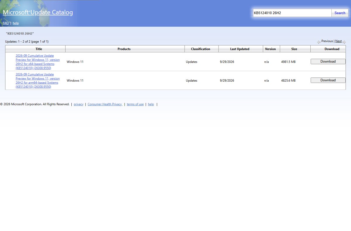 Microsoft Update Catalog results listing two KB5124010 26H2 cumulative update previews