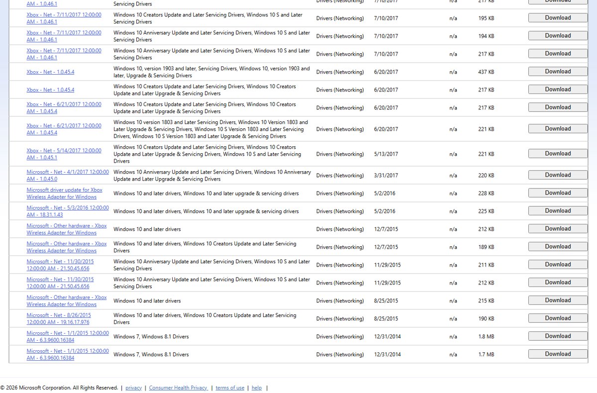 Microsoft Update Catalog search results listing Xbox Wireless Adapter drivers