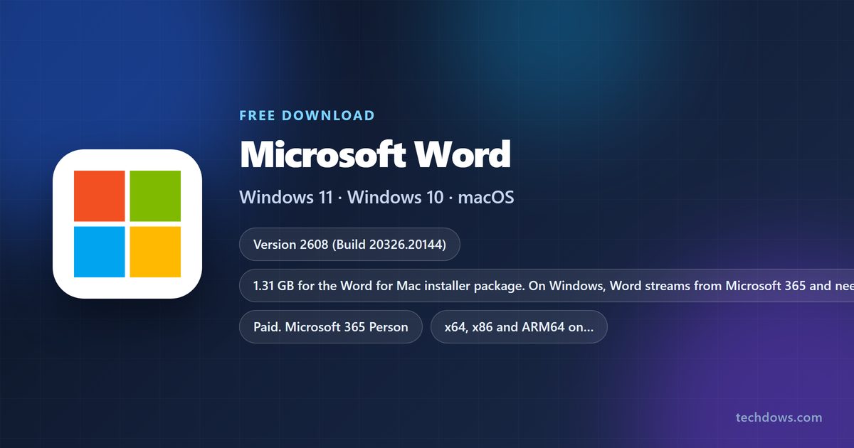 Microsoft Word logo with version, size and supported systems