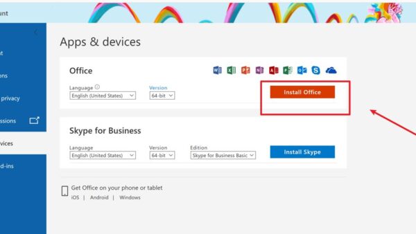 Microsoft account Apps and devices page with an Install Office button