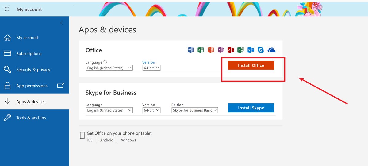 Microsoft account Apps and devices page with an Install Office button