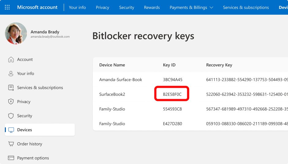 Microsoft account page listing BitLocker recovery keys for each device