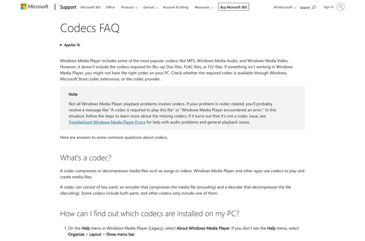 Microsoft support page explaining video codecs and Store extensions on Windows
