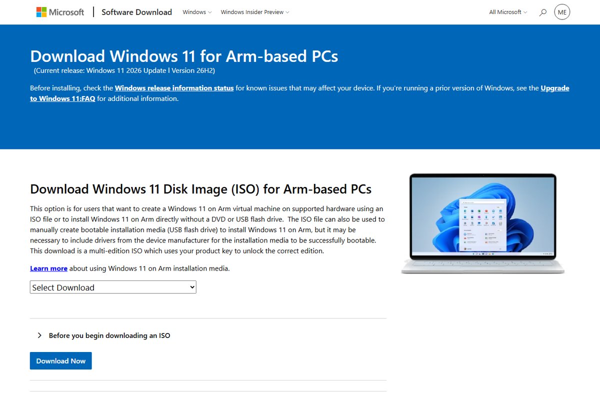 Microsoft download page for Windows 11 on Arm showing current release 26H2