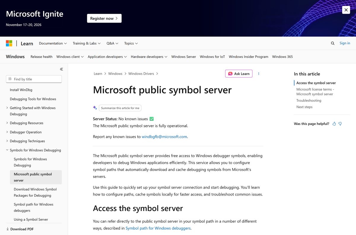 Microsoft page describing the public symbol server and symbol path commands