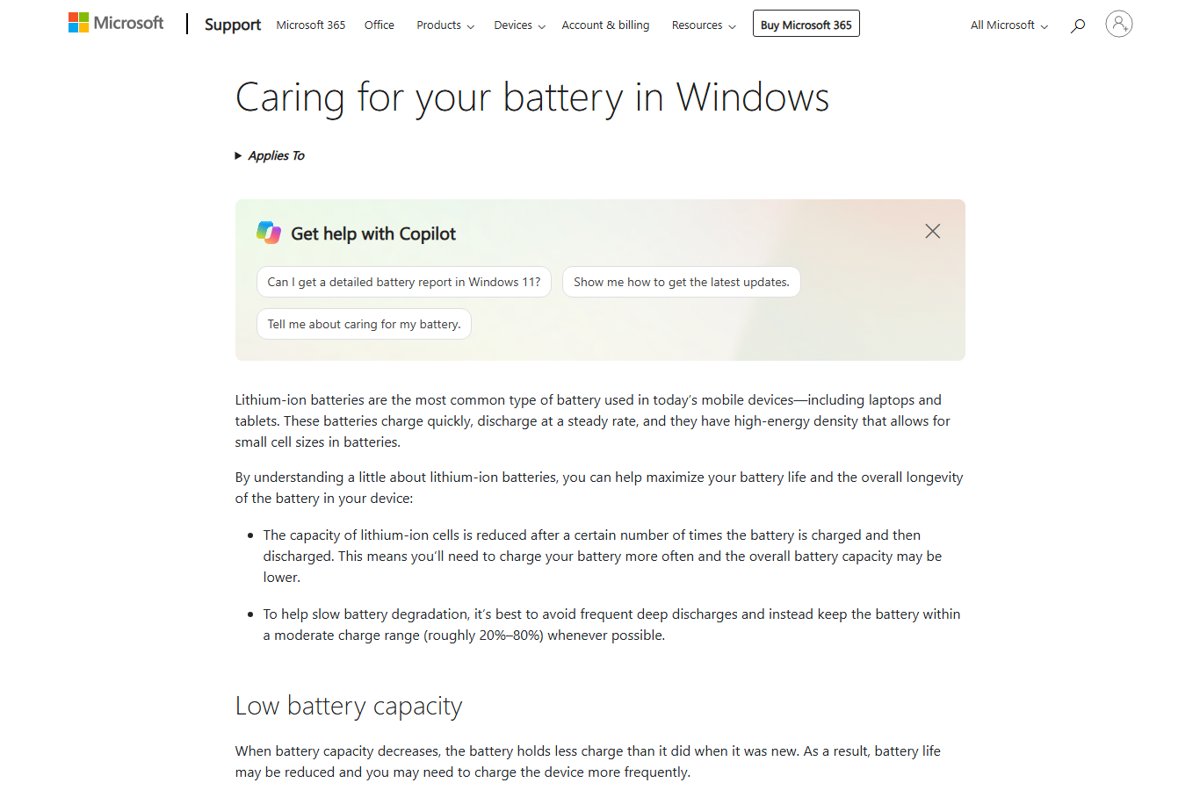 Microsoft support article Caring for your battery in Windows