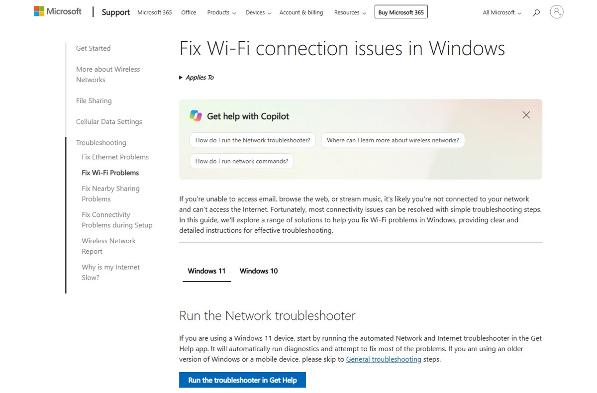Microsoft support page Fix Wi-Fi connection issues in Windows