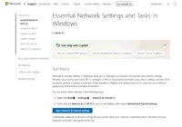 Microsoft support page listing essential Windows network settings and tasks