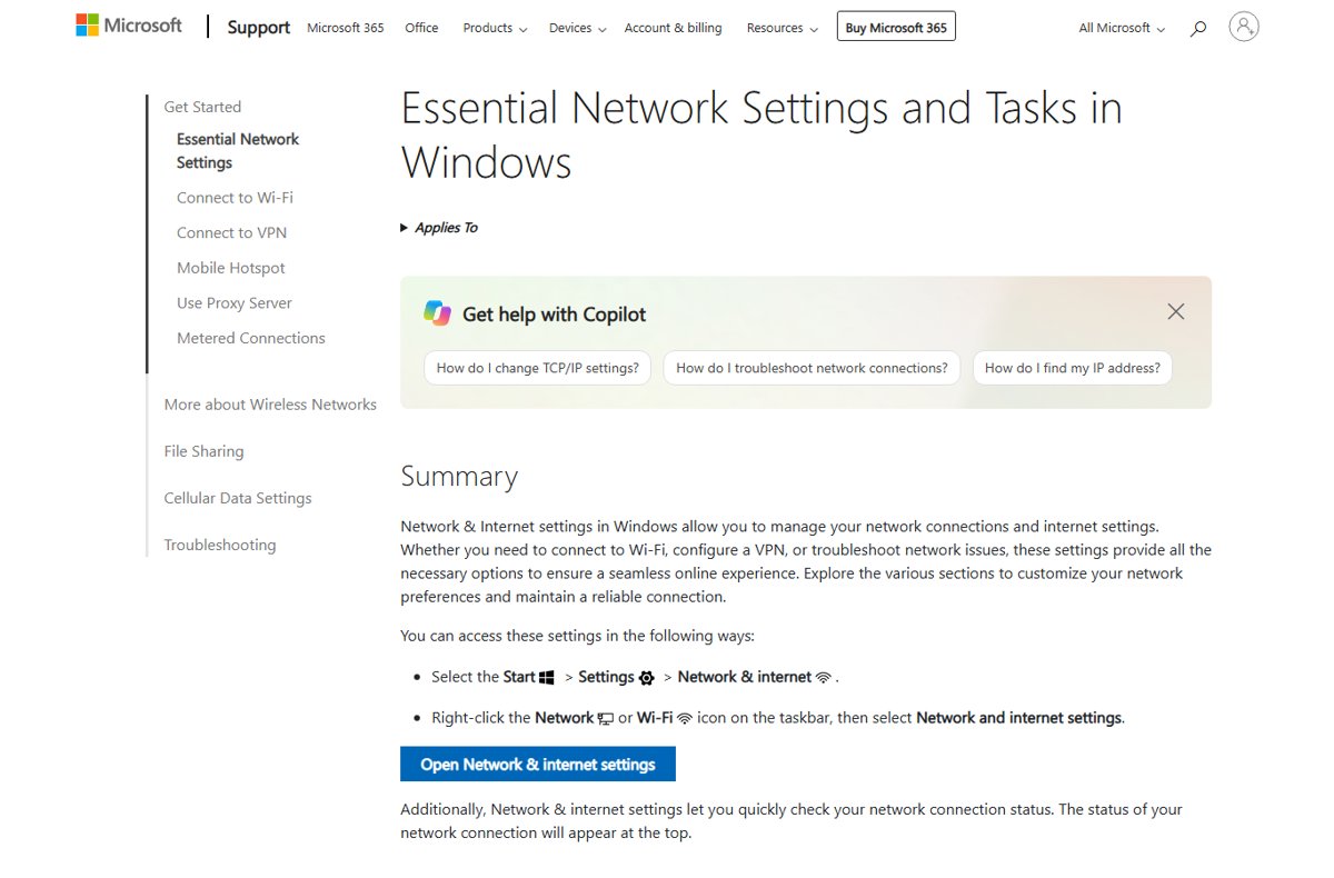 Microsoft support page listing essential Windows network settings and tasks