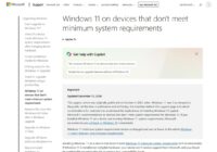 Microsoft support page on Windows 11 devices below minimum system requirements