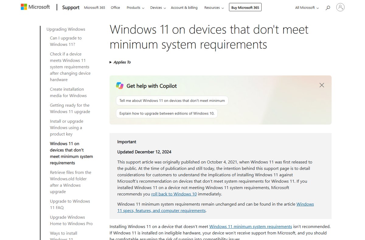 Microsoft support page on Windows 11 devices below minimum system requirements