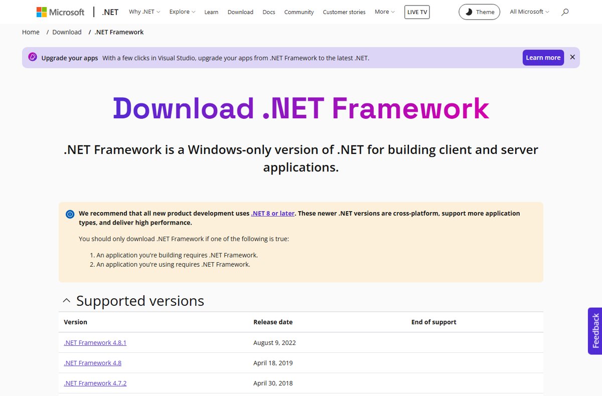 Microsoft's Download .NET Framework page listing supported versions with release dates