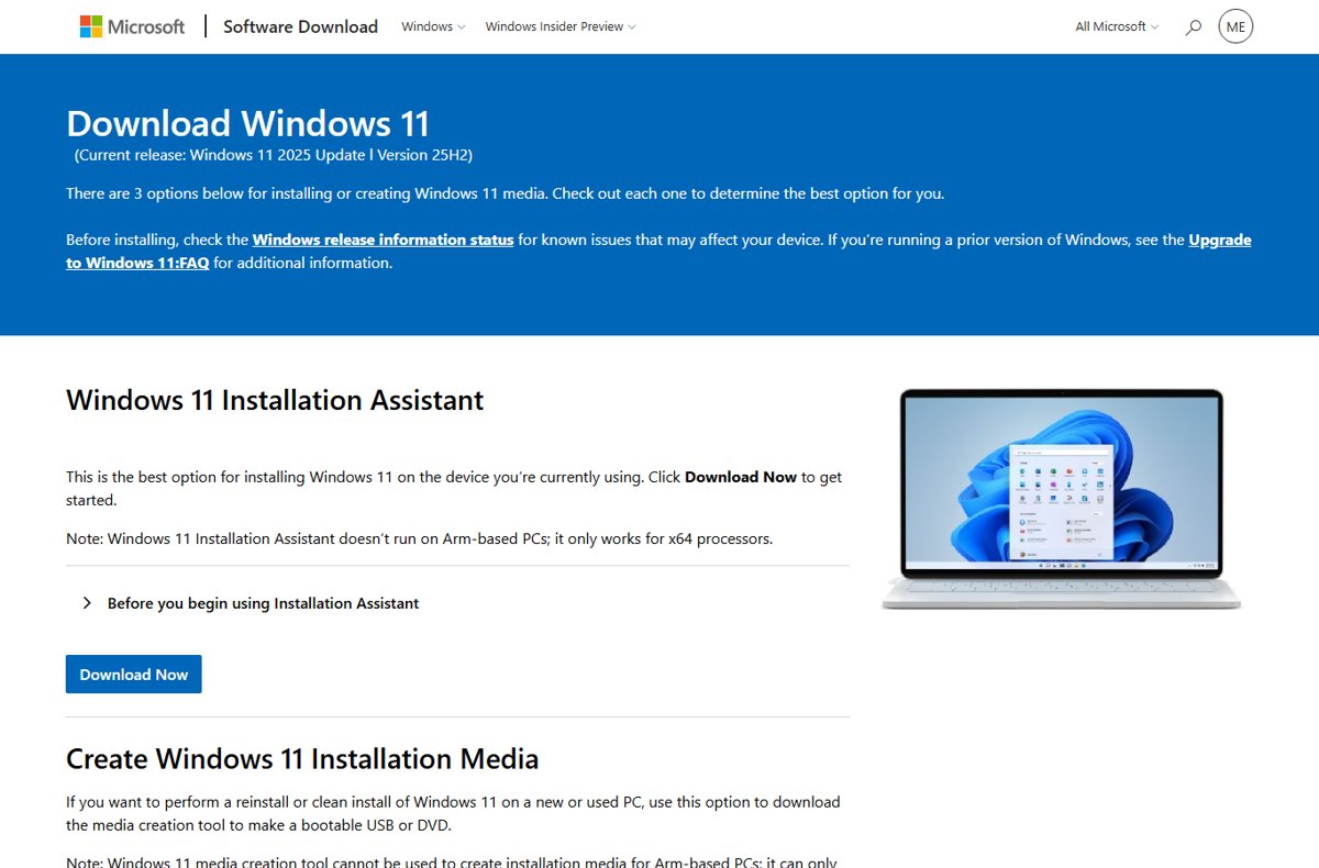 Microsoft's Download Windows 11 page listing installation options