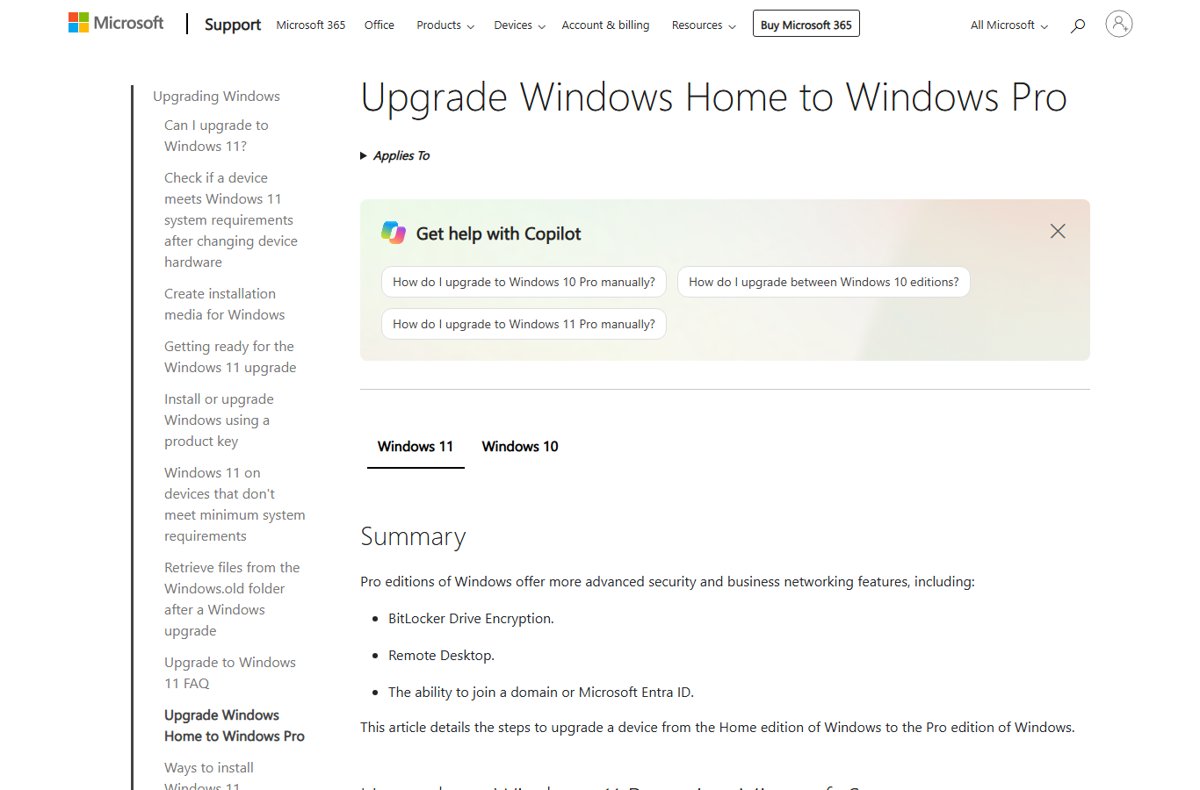Microsoft's Upgrade Windows Home to Windows Pro support page