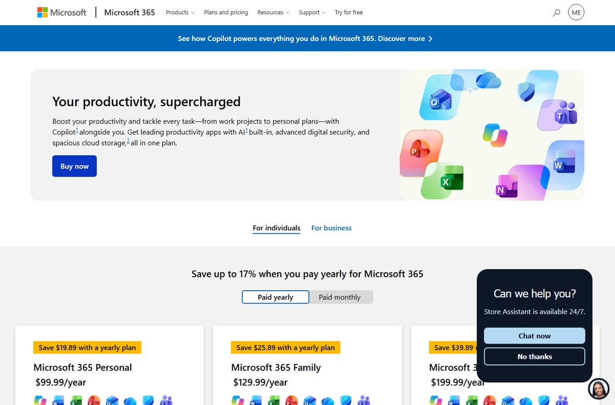 Microsoft's official pricing page listing Microsoft 365 Personal, Family and Premium costs