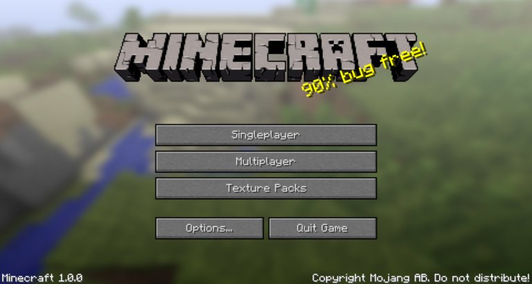 Minecraft 1.0.0 title screen with the joke tagline 90% bug free