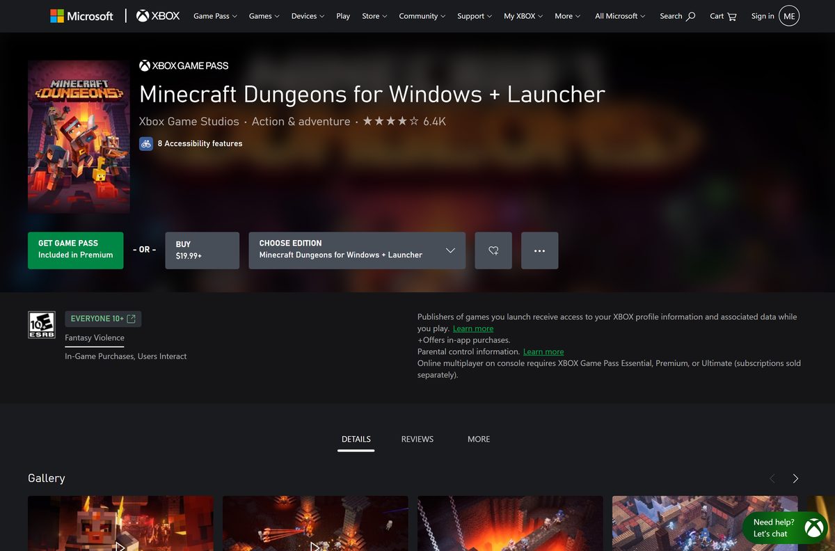 Xbox PC listing for Minecraft Dungeons bundled with the launcher